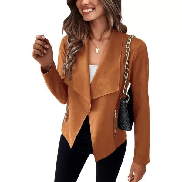imageBTFBM Womens Fashion Faux Suede Jackets 2023 Fall Winter Clothes Lapel Long Sleeve Open Front Outerwear Cropped CoatsSolid Brown