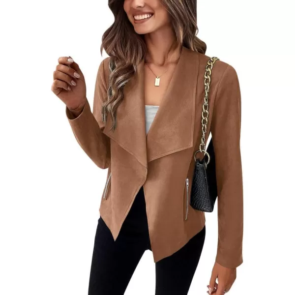 imageBTFBM Womens Fashion Faux Suede Jackets 2023 Fall Winter Clothes Lapel Long Sleeve Open Front Outerwear Cropped CoatsSolid Camel