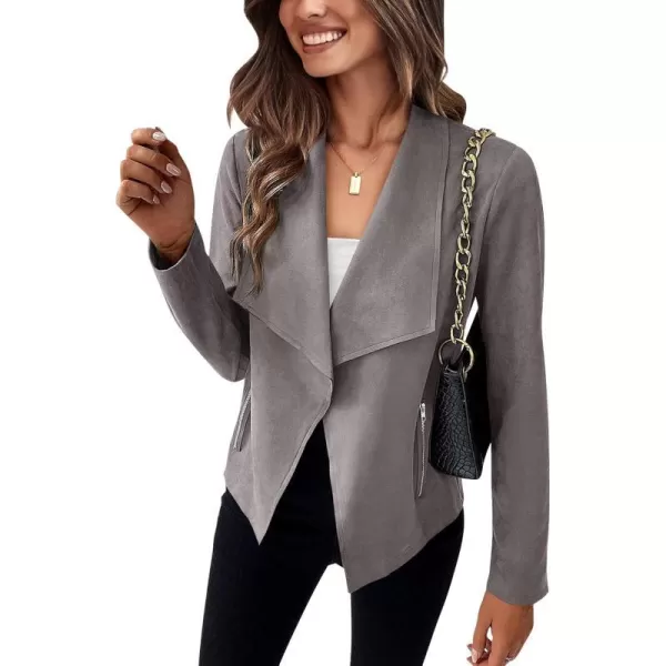 imageBTFBM Womens Fashion Faux Suede Jackets 2023 Fall Winter Clothes Lapel Long Sleeve Open Front Outerwear Cropped CoatsSolid Grey