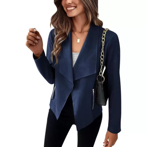 imageBTFBM Womens Fashion Faux Suede Jackets 2023 Fall Winter Clothes Lapel Long Sleeve Open Front Outerwear Cropped CoatsSolid Navy