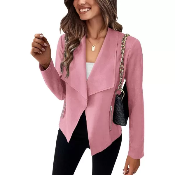 imageBTFBM Womens Fashion Faux Suede Jackets 2023 Fall Winter Clothes Lapel Long Sleeve Open Front Outerwear Cropped CoatsSolid Pink