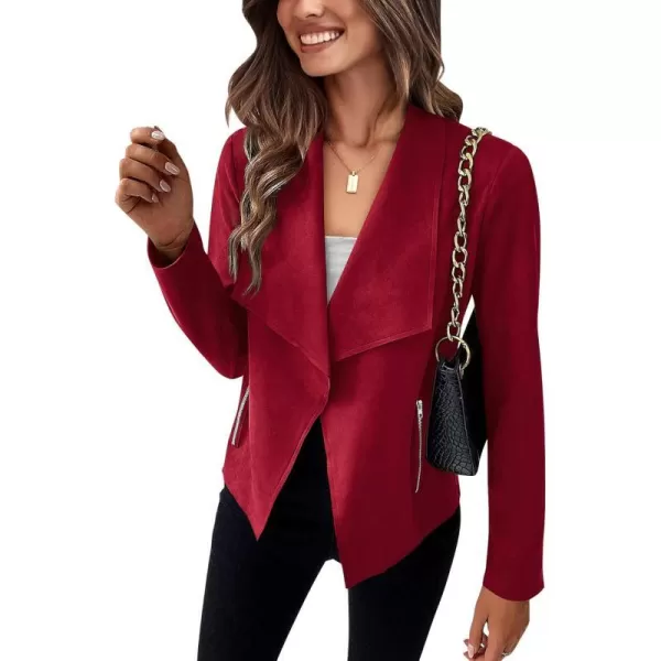 imageBTFBM Womens Fashion Faux Suede Jackets 2023 Fall Winter Clothes Lapel Long Sleeve Open Front Outerwear Cropped CoatsSolid Red