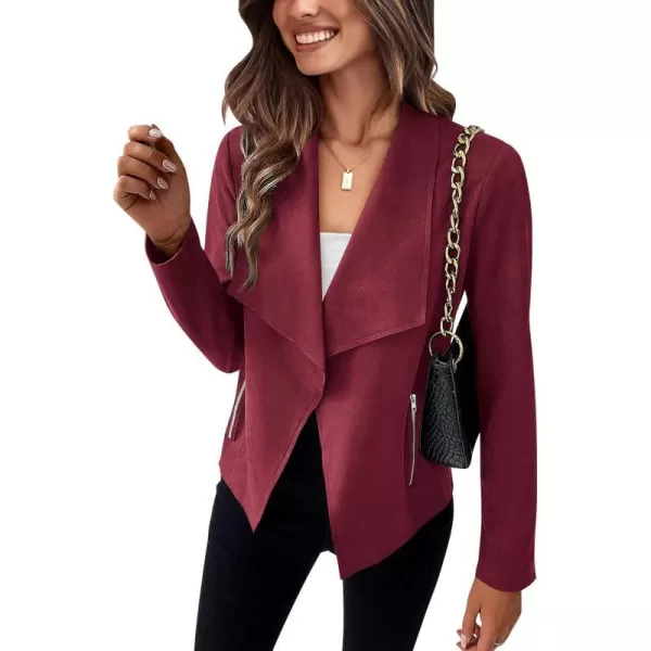 imageBTFBM Womens Fashion Faux Suede Jackets 2023 Fall Winter Clothes Lapel Long Sleeve Open Front Outerwear Cropped CoatsSolid Wine Red