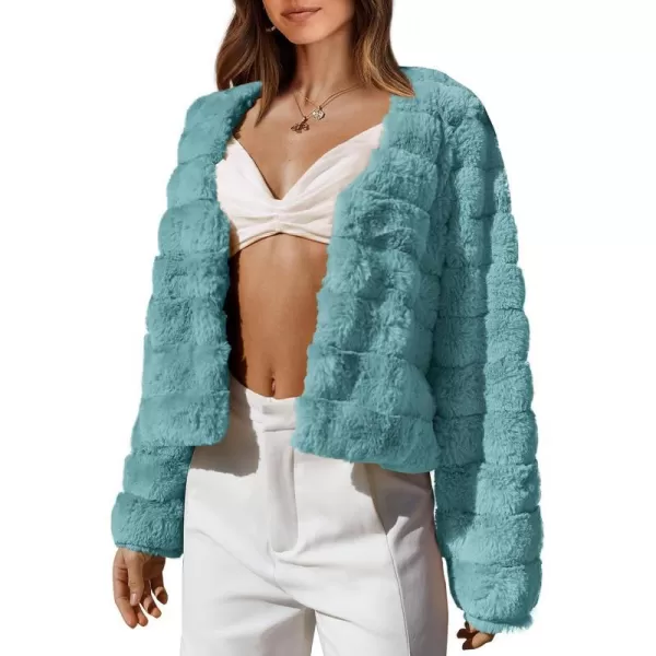 imageBTFBM Womens Faux Fur Cropped Jacket 2023 Fall Winter Fashion Soft Long Sleeve Open Front Fluffy Short Coat OuterwearSolid Blue Green
