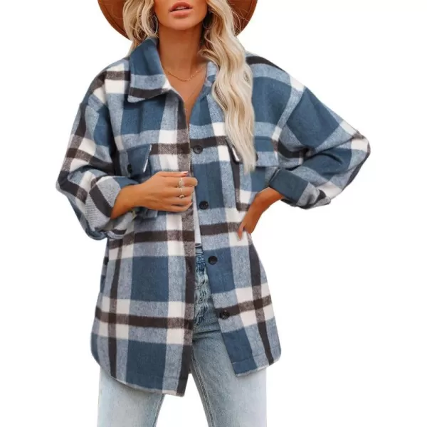 imageBTFBM Womens Long Sleeve Button Down Jackets Plaid Flannel Shirts Tops Casual Lapel V Neck Oversized Shackets Blouses TopPlaid Blue