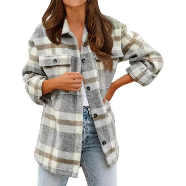 imageBTFBM Womens Long Sleeve Button Down Jackets Plaid Flannel Shirts Tops Casual Lapel V Neck Oversized Shackets Blouses TopPlaid Brown