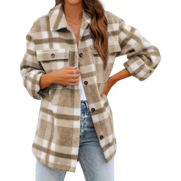 imageBTFBM Womens Long Sleeve Button Down Jackets Plaid Flannel Shirts Tops Casual Lapel V Neck Oversized Shackets Blouses TopPlaid Khaki