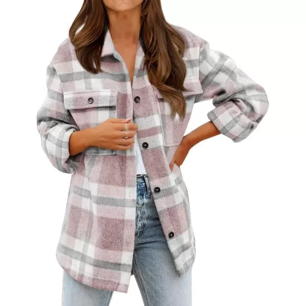 imageBTFBM Womens Long Sleeve Button Down Jackets Plaid Flannel Shirts Tops Casual Lapel V Neck Oversized Shackets Blouses TopPlaid Pink