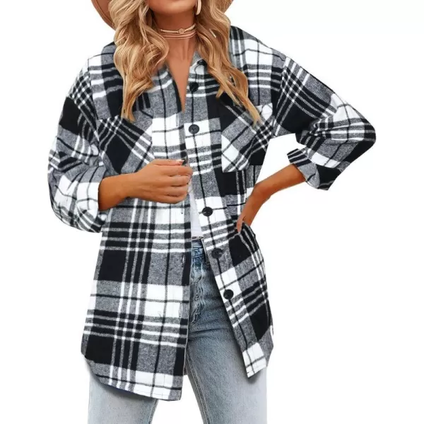 imageBTFBM Womens Long Sleeve Button Down Jackets Plaid Flannel Shirts Tops Casual Lapel V Neck Oversized Shackets Blouses TopPlaid Print Black