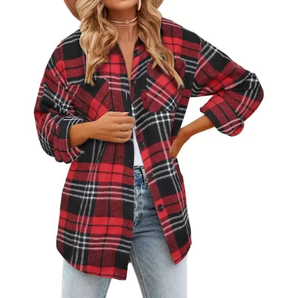 imageBTFBM Womens Long Sleeve Button Down Jackets Plaid Flannel Shirts Tops Casual Lapel V Neck Oversized Shackets Blouses TopPlaid Print Red
