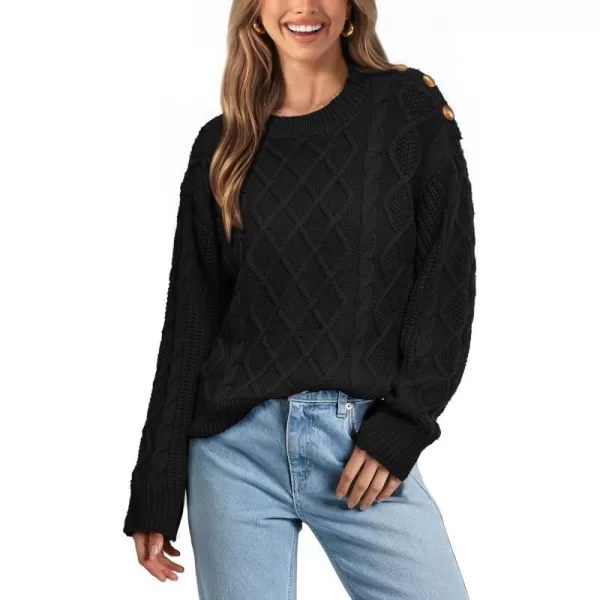 imageBTFBM Womens Long Sleeve Cable Sweater Crew Neck Button Shoulder Oversized Casual Fall Winter Knit Pullover Jumper TopsSolid Black