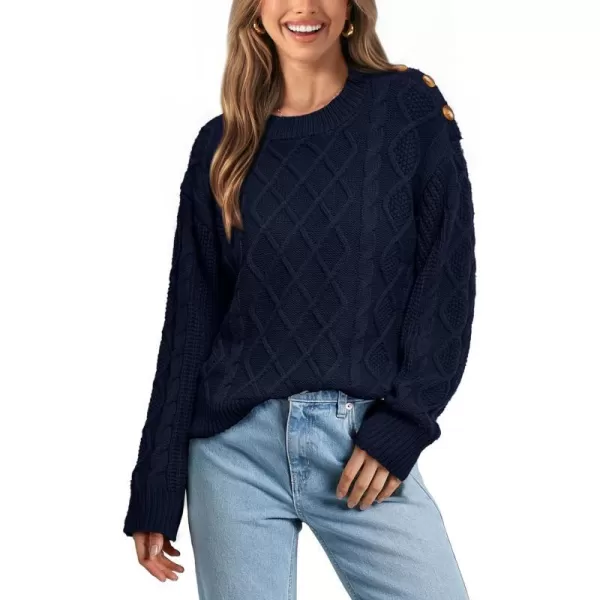 imageBTFBM Womens Long Sleeve Cable Sweater Crew Neck Button Shoulder Oversized Casual Fall Winter Knit Pullover Jumper TopsSolid Dark Blue