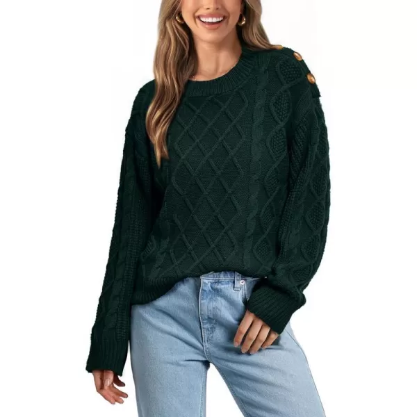 imageBTFBM Womens Long Sleeve Cable Sweater Crew Neck Button Shoulder Oversized Casual Fall Winter Knit Pullover Jumper TopsSolid Dark Green