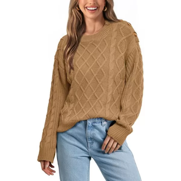 imageBTFBM Womens Long Sleeve Cable Sweater Crew Neck Button Shoulder Oversized Casual Fall Winter Knit Pullover Jumper TopsSolid Khaki