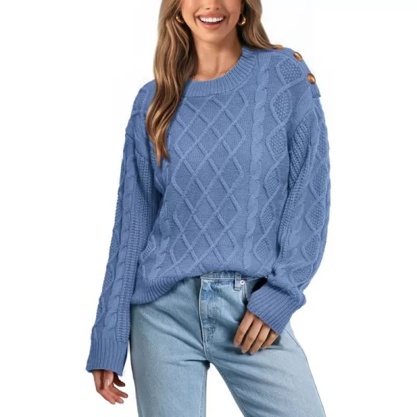 imageBTFBM Womens Long Sleeve Cable Sweater Crew Neck Button Shoulder Oversized Casual Fall Winter Knit Pullover Jumper TopsSolid Light Blue