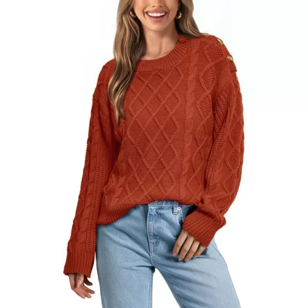 imageBTFBM Womens Long Sleeve Cable Sweater Crew Neck Button Shoulder Oversized Casual Fall Winter Knit Pullover Jumper TopsSolid Orange Red