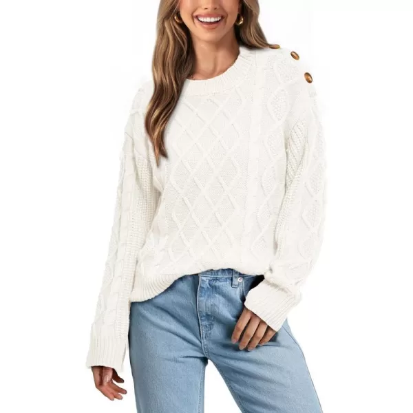 imageBTFBM Womens Long Sleeve Cable Sweater Crew Neck Button Shoulder Oversized Casual Fall Winter Knit Pullover Jumper TopsSolid White