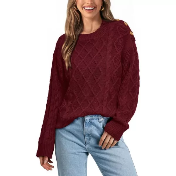 imageBTFBM Womens Long Sleeve Cable Sweater Crew Neck Button Shoulder Oversized Casual Fall Winter Knit Pullover Jumper TopsSolid Wine Red