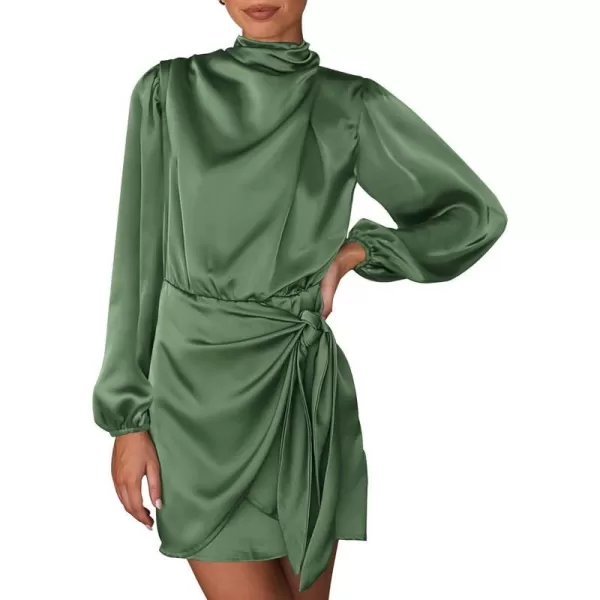 imageBTFBM Womens Long Sleeve Satin Dress 2023 Summer Fall Mock Neck Ruched Tie Waist Silky Cocktail Party Mini DressesSolid Army Green