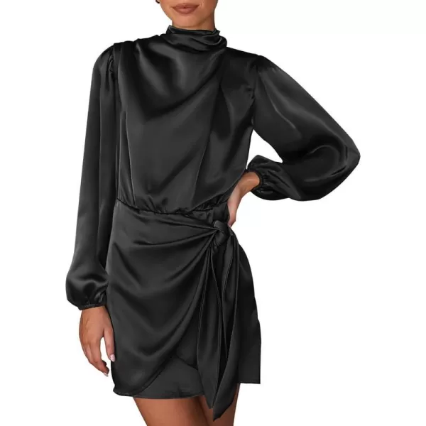 imageBTFBM Womens Long Sleeve Satin Dress 2023 Summer Fall Mock Neck Ruched Tie Waist Silky Cocktail Party Mini DressesSolid Black