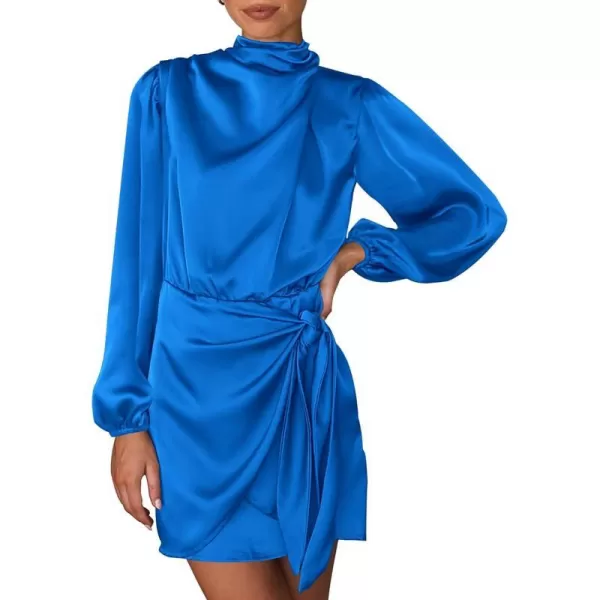 imageBTFBM Womens Long Sleeve Satin Dress 2023 Summer Fall Mock Neck Ruched Tie Waist Silky Cocktail Party Mini DressesSolid Brilliant Blue