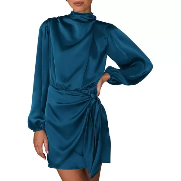 imageBTFBM Womens Long Sleeve Satin Dress 2023 Summer Fall Mock Neck Ruched Tie Waist Silky Cocktail Party Mini DressesSolid Dark Blue