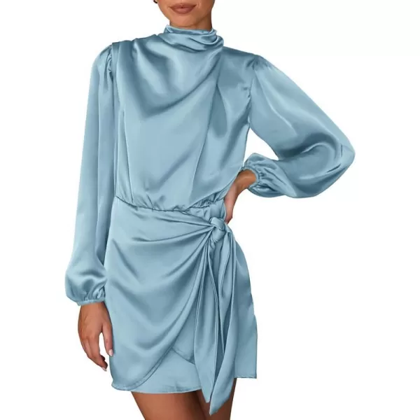 imageBTFBM Womens Long Sleeve Satin Dress 2023 Summer Fall Mock Neck Ruched Tie Waist Silky Cocktail Party Mini DressesSolid Light Blue