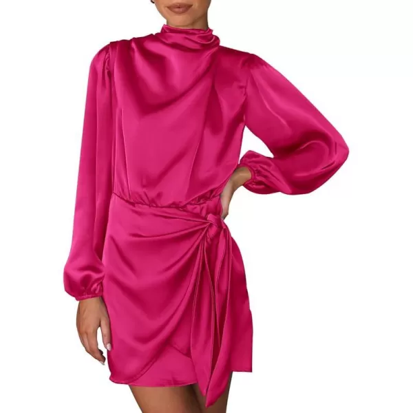 imageBTFBM Womens Long Sleeve Satin Dress 2023 Summer Fall Mock Neck Ruched Tie Waist Silky Cocktail Party Mini DressesSolid Rose Red