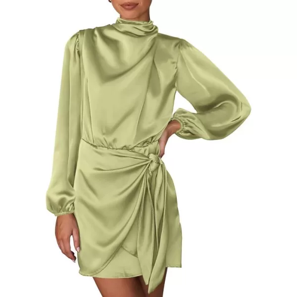 imageBTFBM Womens Long Sleeve Satin Dress 2023 Summer Fall Mock Neck Ruched Tie Waist Silky Cocktail Party Mini DressesSolid Tender Green