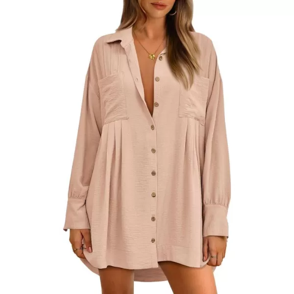 imageBTFBM Womens Long Sleeve Shirt Dresses Spring Summer Tops V Neck Pleated Flowy Casual Button Down Tunic Dress PocketsSolid Beige