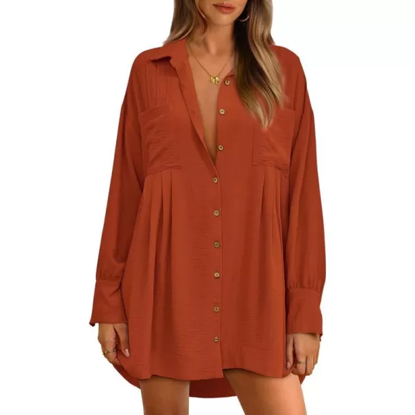 imageBTFBM Womens Long Sleeve Shirt Dresses Spring Summer Tops V Neck Pleated Flowy Casual Button Down Tunic Dress PocketsSolid Brick Red