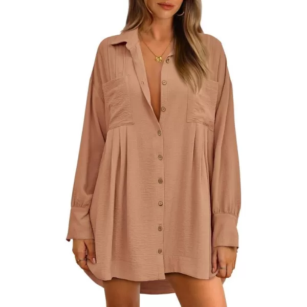 imageBTFBM Womens Long Sleeve Shirt Dresses Spring Summer Tops V Neck Pleated Flowy Casual Button Down Tunic Dress PocketsSolid Khaki