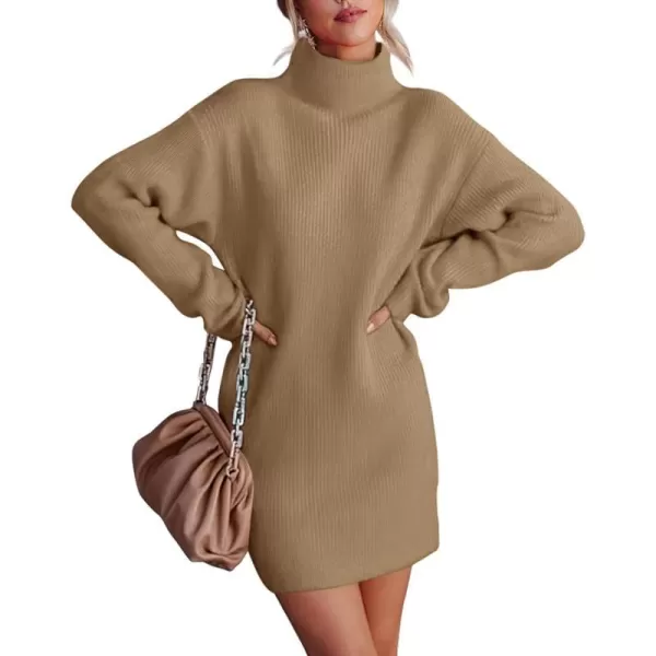 imageBTFBM Womens Long Sleeve Turtleneck Sweaters Soft Ribbed Knit Oversized 2023 Fall Winter Long Pullover Sweater DressSolid Khaki