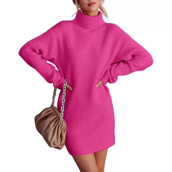 imageBTFBM Womens Long Sleeve Turtleneck Sweaters Soft Ribbed Knit Oversized 2023 Fall Winter Long Pullover Sweater DressSolid Rose Red