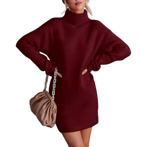 imageBTFBM Womens Long Sleeve Turtleneck Sweaters Soft Ribbed Knit Oversized 2023 Fall Winter Long Pullover Sweater DressSolid Wine Red