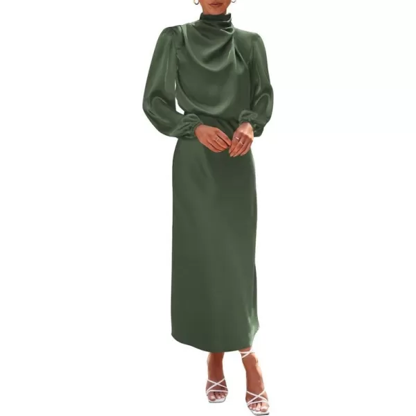 imageBTFBM Womens Mock Neck Satin Dress Elegant Long Sleeve Elastic High Waist Formal Wedding Cocktail Party Maxi DressesSolid Army Green