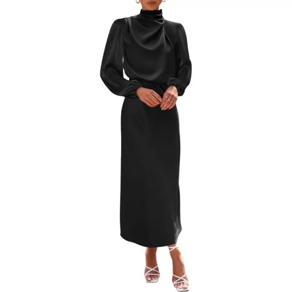 imageBTFBM Womens Mock Neck Satin Dress Elegant Long Sleeve Elastic High Waist Formal Wedding Cocktail Party Maxi DressesSolid Black