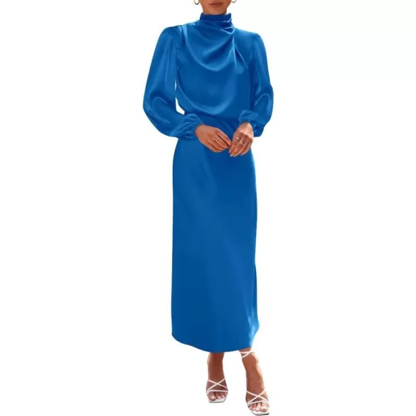 imageBTFBM Womens Mock Neck Satin Dress Elegant Long Sleeve Elastic High Waist Formal Wedding Cocktail Party Maxi DressesSolid Brilliant Blue
