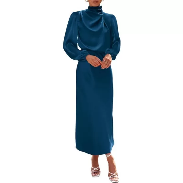 imageBTFBM Womens Mock Neck Satin Dress Elegant Long Sleeve Elastic High Waist Formal Wedding Cocktail Party Maxi DressesSolid Dark Blue