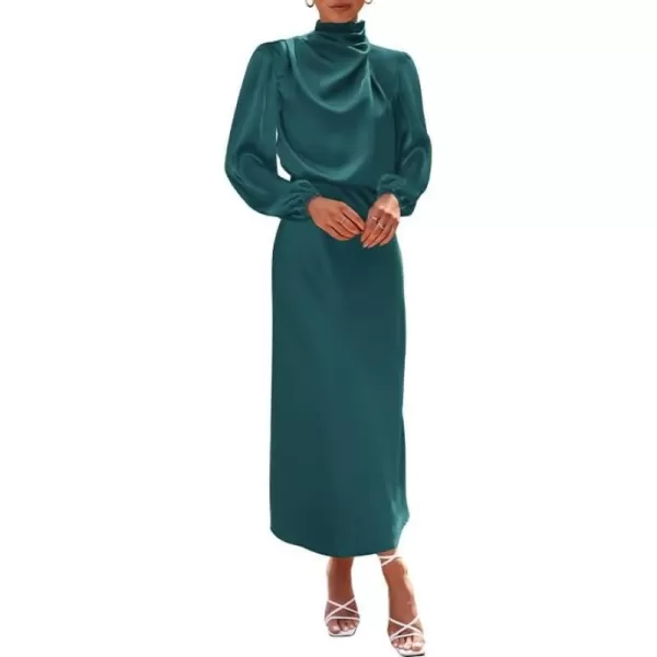 imageBTFBM Womens Mock Neck Satin Dress Elegant Long Sleeve Elastic High Waist Formal Wedding Cocktail Party Maxi DressesSolid Dark Green