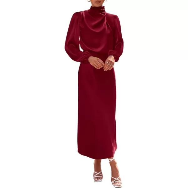 imageBTFBM Womens Mock Neck Satin Dress Elegant Long Sleeve Elastic High Waist Formal Wedding Cocktail Party Maxi DressesSolid Deep Red