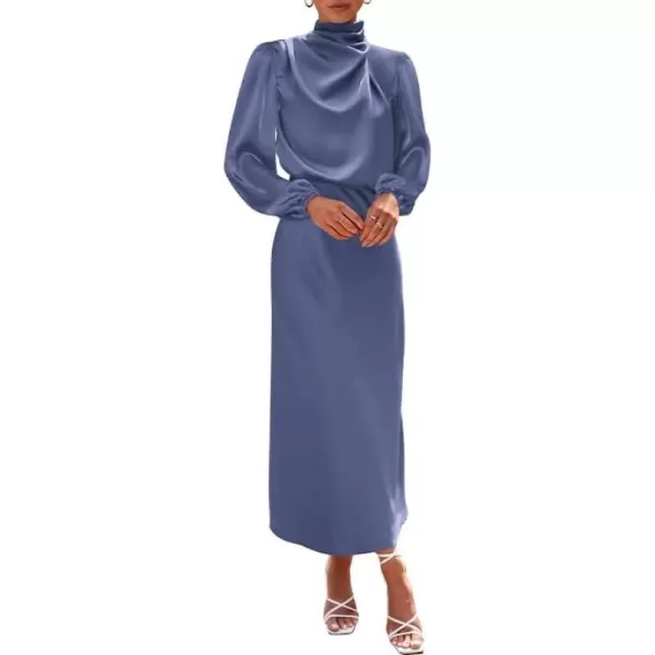 imageBTFBM Womens Mock Neck Satin Dress Elegant Long Sleeve Elastic High Waist Formal Wedding Cocktail Party Maxi DressesSolid Grey Blue