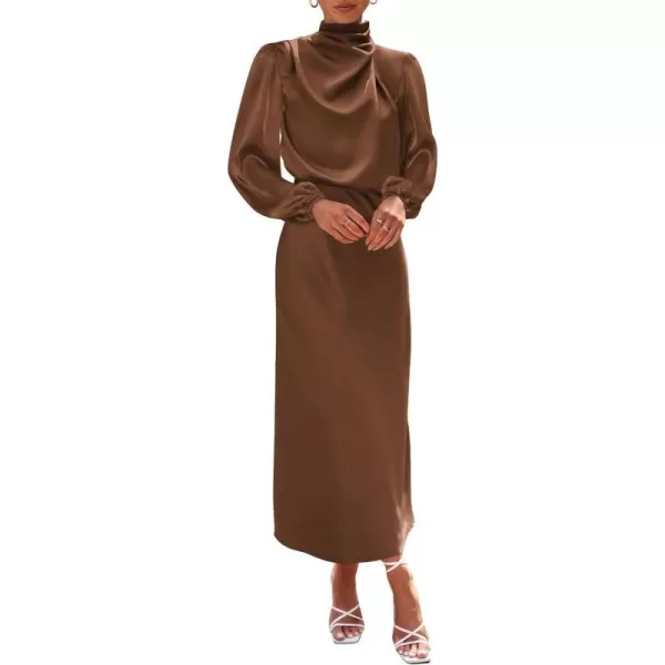 imageBTFBM Womens Mock Neck Satin Dress Elegant Long Sleeve Elastic High Waist Formal Wedding Cocktail Party Maxi DressesSolid Khaki