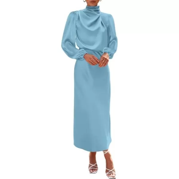 imageBTFBM Womens Mock Neck Satin Dress Elegant Long Sleeve Elastic High Waist Formal Wedding Cocktail Party Maxi DressesSolid Light Blue