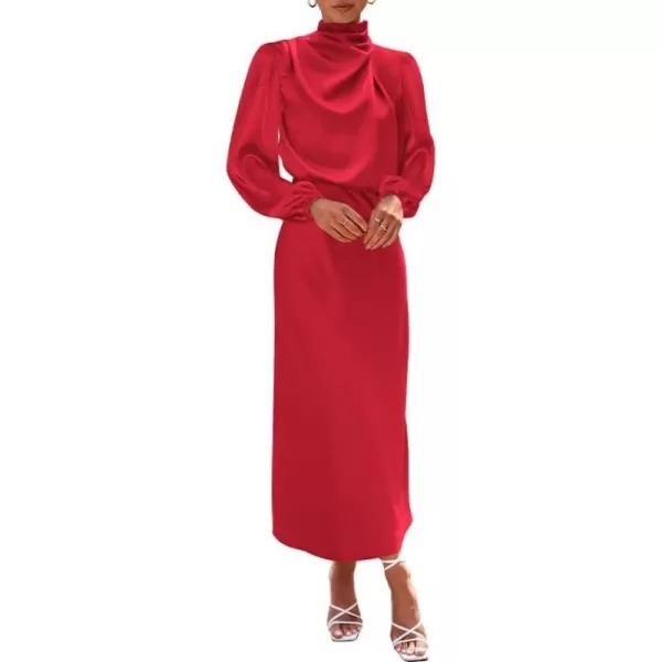imageBTFBM Womens Mock Neck Satin Dress Elegant Long Sleeve Elastic High Waist Formal Wedding Cocktail Party Maxi DressesSolid Red