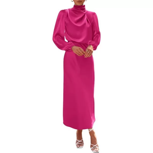 imageBTFBM Womens Mock Neck Satin Dress Elegant Long Sleeve Elastic High Waist Formal Wedding Cocktail Party Maxi DressesSolid Rose Red