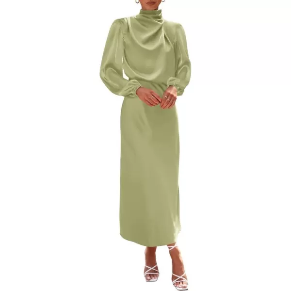 imageBTFBM Womens Mock Neck Satin Dress Elegant Long Sleeve Elastic High Waist Formal Wedding Cocktail Party Maxi DressesSolid Tender Green