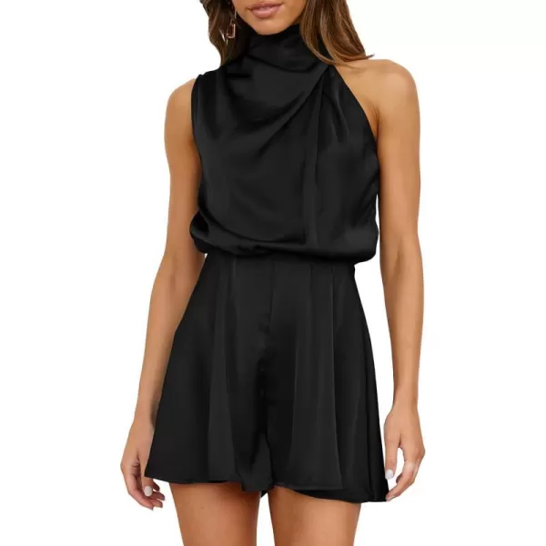 imageBTFBM Womens Mock Neck Summer Romper Satin Sleeveless Elastic Waist Casual Beach Party One Piece Short Jumpsuit RompersSolid Black