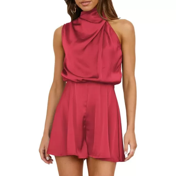 imageBTFBM Womens Mock Neck Summer Romper Satin Sleeveless Elastic Waist Casual Beach Party One Piece Short Jumpsuit RompersSolid Red