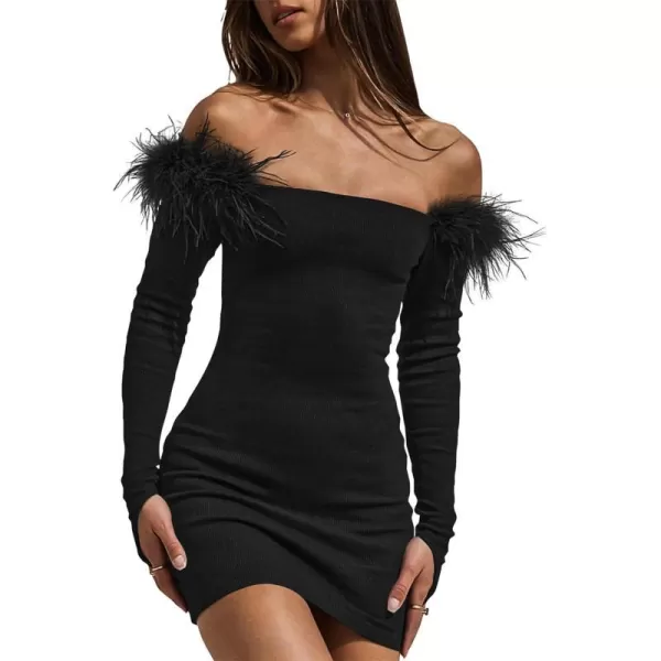 imageBTFBM Womens Off Shoulder Bodycon Dress Feather Long Sleeve Ribbed Knit Elegant Cocktail Evening Party Mini DressesSolid Black